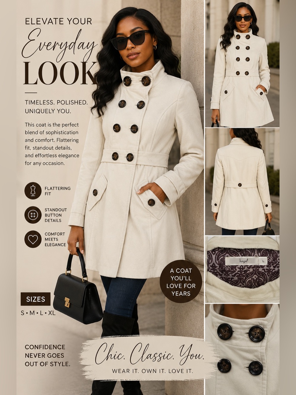 hazel Cream Double-Breasted Trench Coat with Statement Buttons